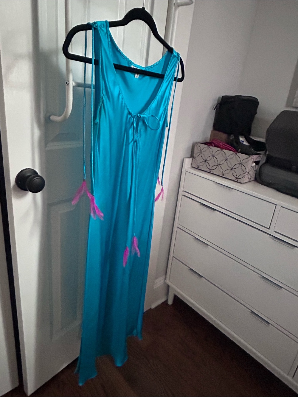 Turquoise Maxi Dress with Pink Tassels - Women